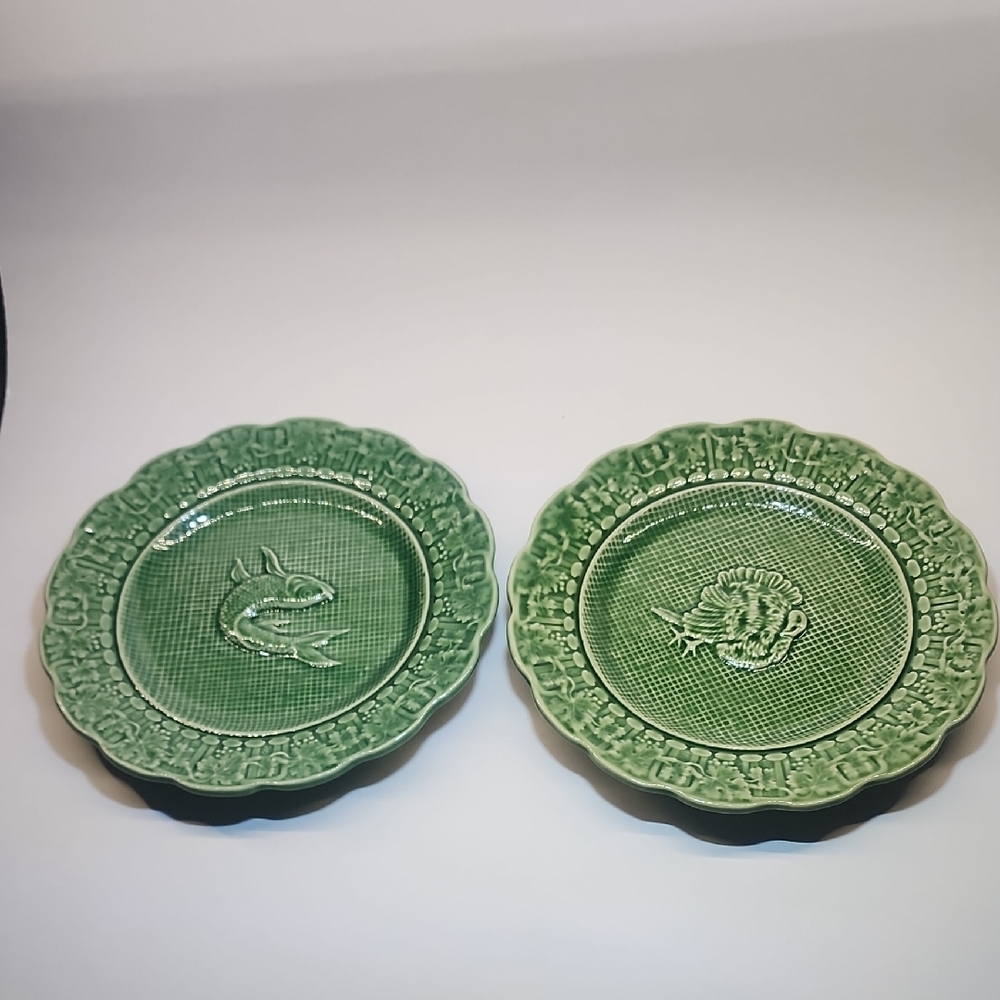 Bordallo Pinheiro Green Fish Plates Set of 2 | 8” Portuguese Majolica